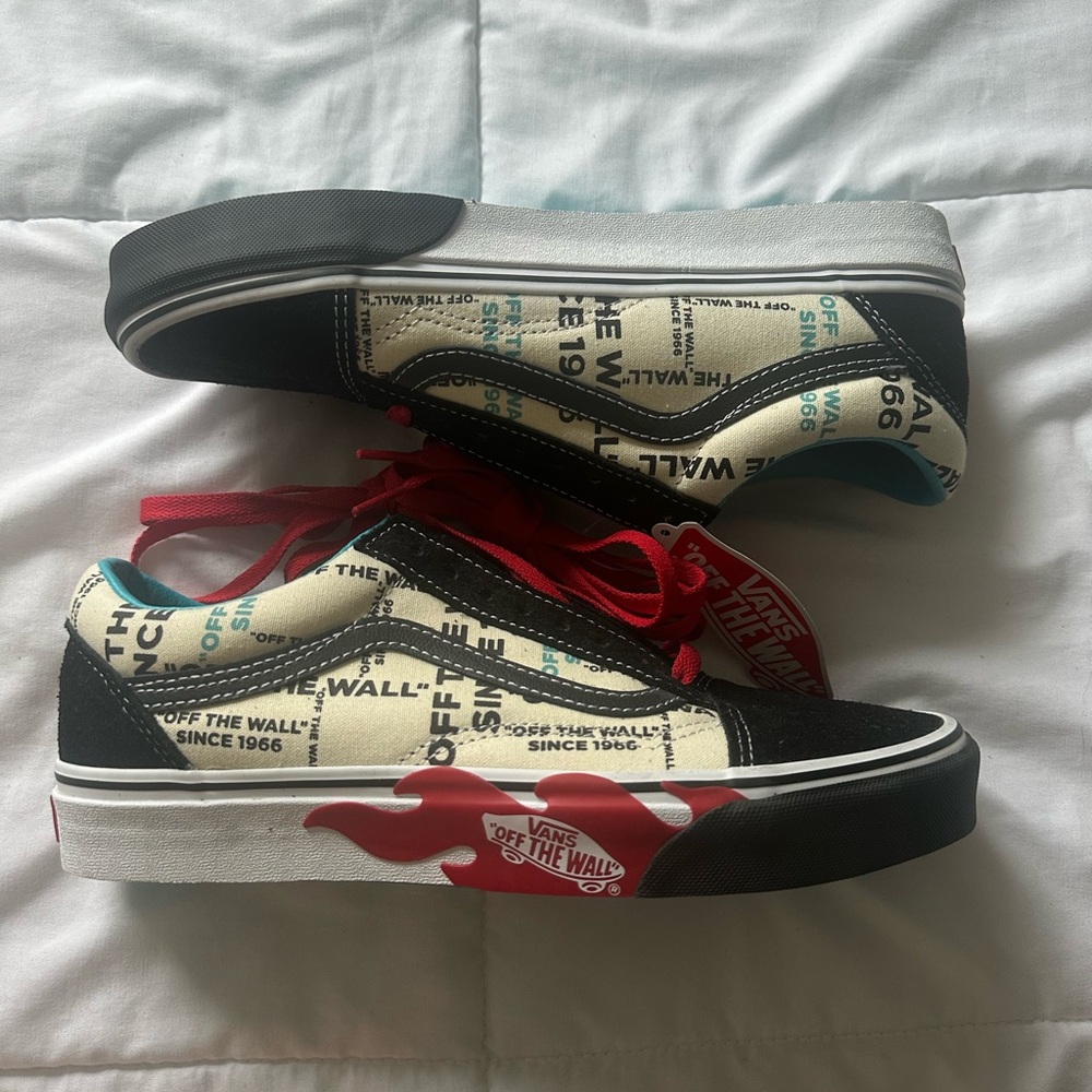 Vans Black Cream Sneakers with Red Flame and Red Laces